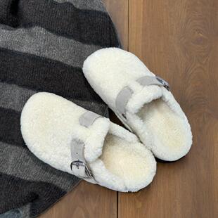 超火皮毛一体羊羔毛勃肯鞋白色加绒毛毛鞋女冬外穿厚底包头半拖鞋