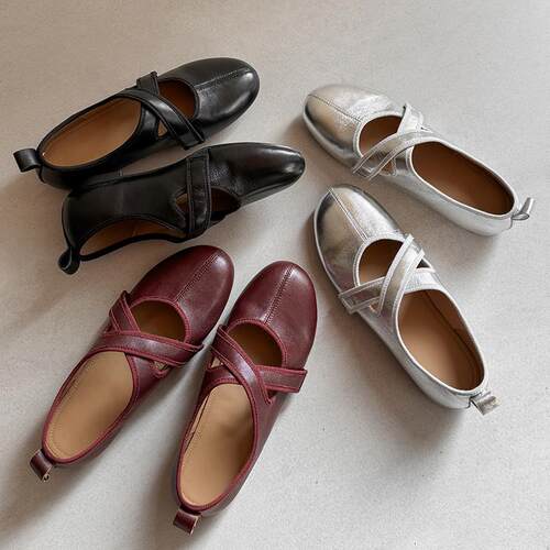 2025春平底交叉带真皮芭蕾舞鞋