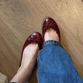 女羊皮舒适平底瓢鞋 全真皮 巨软超浅口露指缝幼态红色芭蕾小单鞋