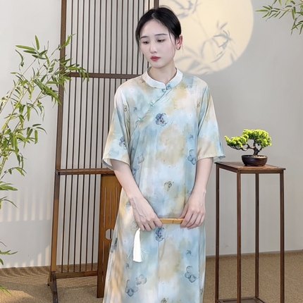 新中式复古国风气质名媛甜美印花年轻款改良旗袍连衣裙女夏季新款
