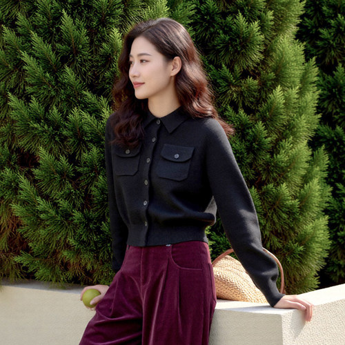 洛薇雅POLO领长袖针织开衫女法式工装风新款简约百搭羊毛打底上衣