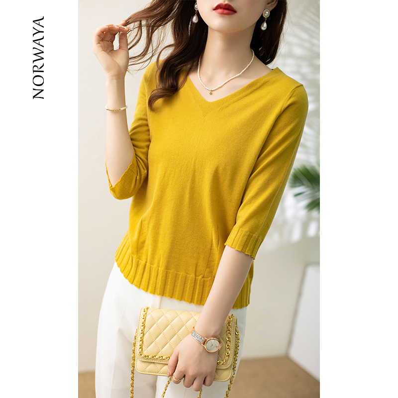 洛薇雅风秋季七分袖芥末黄打底衫