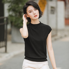 T恤夏季 上衣女薄款 包袖 天丝圆领打底衫 黑色冰丝针织衫 法式 短袖