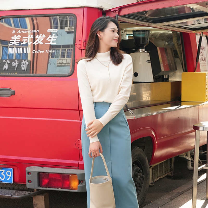 洛薇雅白色高领羊毛针织打底衫女2025新款气质百搭套头衫显瘦上衣