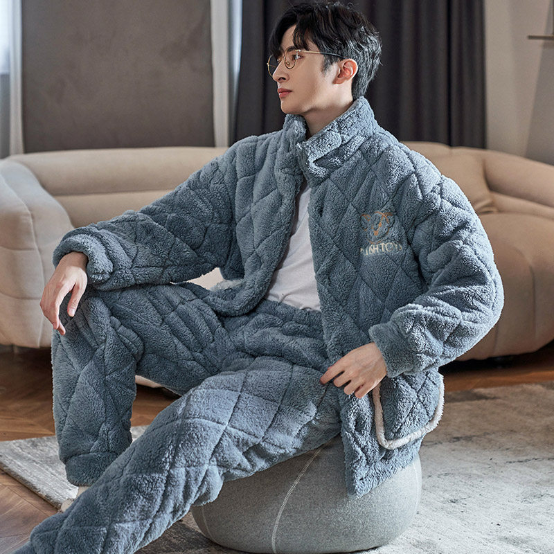 睡衣男款冬季2025新款加厚三层夹棉珊瑚绒湖南省服保暖可外穿男士