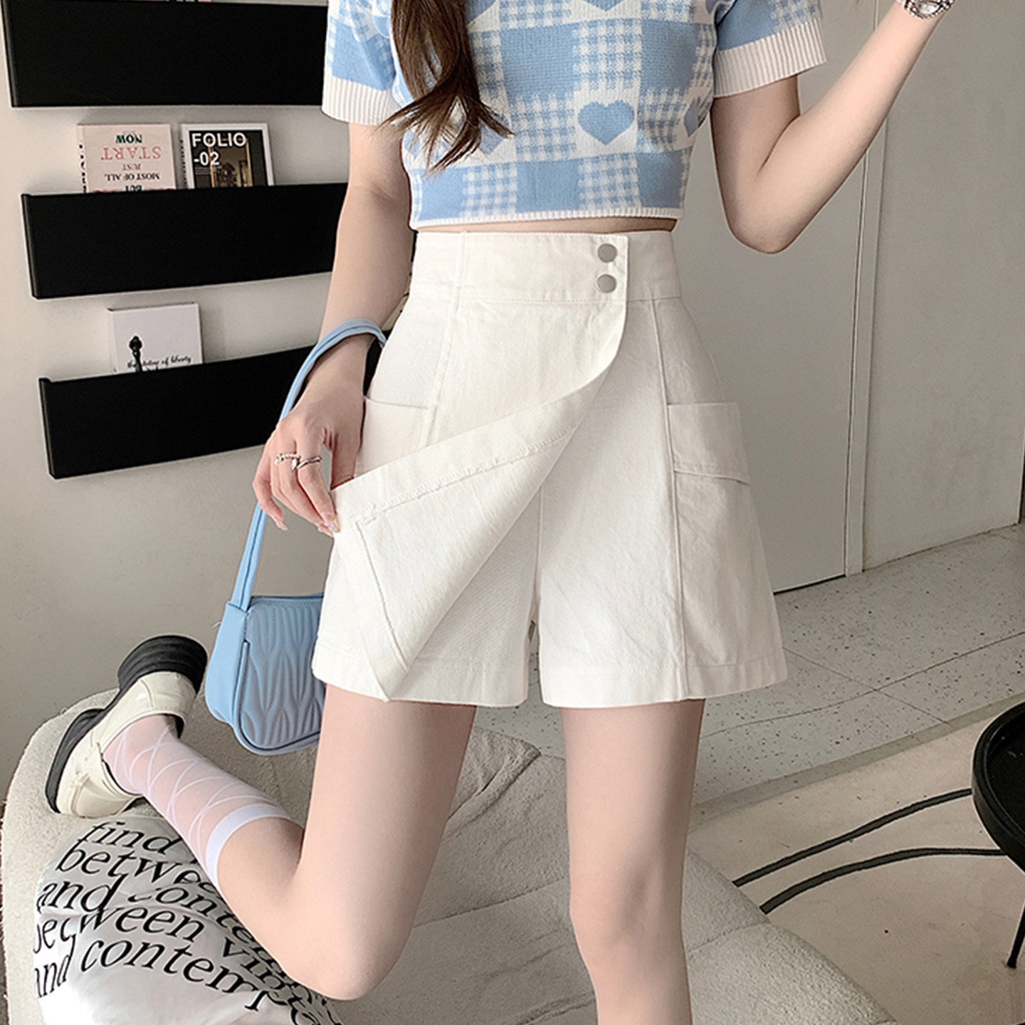 韩版高腰显瘦白色短裤不对称裤裙女包臀牛仔短裤防走光工装裤裙潮
