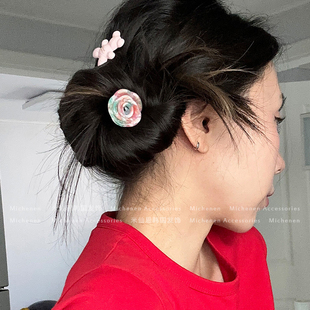 慵懒风 精致小女人醋酸簪子高级感花朵发簪韩国进口金标盘发簪法式
