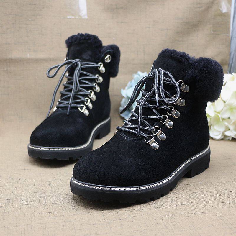特惠清仓时尚黑色休闲磨砂皮秋冬加绒保暖系带圆头粗跟女短靴断码
