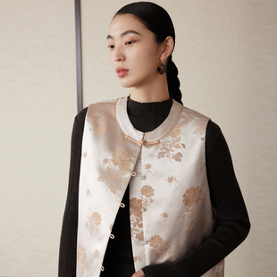 缎面提花马甲女新中式 如意连云 新款 冬装 盘扣开叉夹棉背心 伊玫