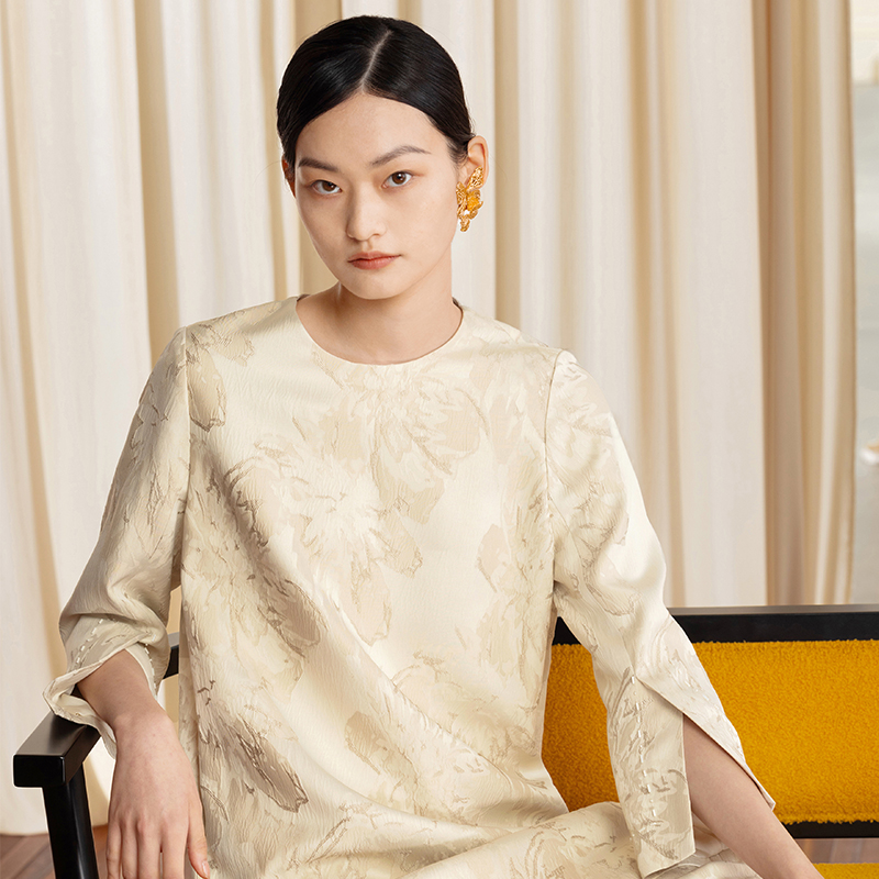 提花肌理感钉珠新中式国风连衣裙