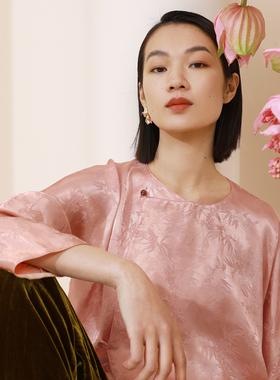 如意连云秋装新款斜襟连袖圆领提花上衣女复古新中式国风宽松衬衫