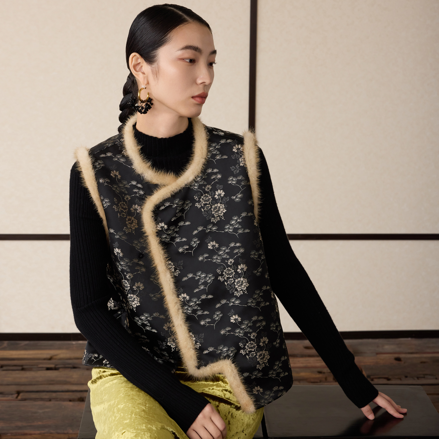 如意连云【岁安】冬新款水貂毛提花夹棉马甲女新中式琵琶襟棉背心