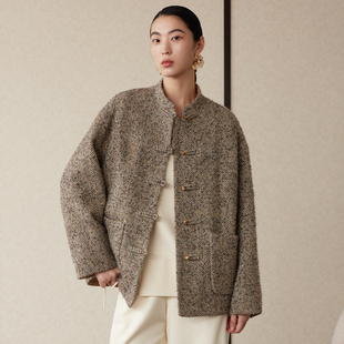 人字纹立领毛呢外套女新中式 如意连云 新款 冬装 盘扣短大衣 枫眠