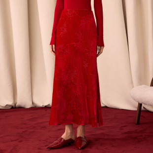 盘金绣花真丝丝绒半身裙女新中式 新年款 开叉裙子 逸辰 如意连云