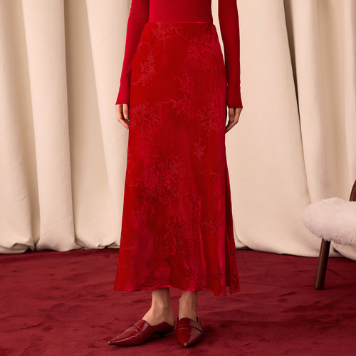 新中式盘金绣花丝绒半身裙