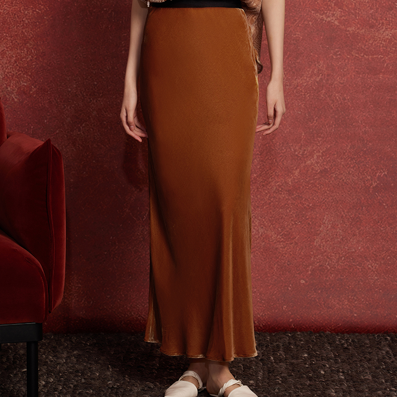 复古新中式真丝丝绒半身裙