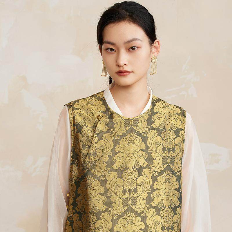 如意连云【思齐】真丝缎面提花马甲女新中式国风玉石扣复古背心,女装/女士精品,马夹,淘宝优惠券,粉丝福利购,淘宝优惠卷