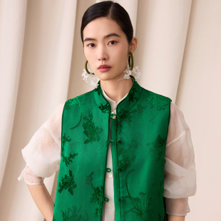 立领割绒提花丝绒马甲女新中式 新款 盘扣背心坎肩 芮竹 如意连云