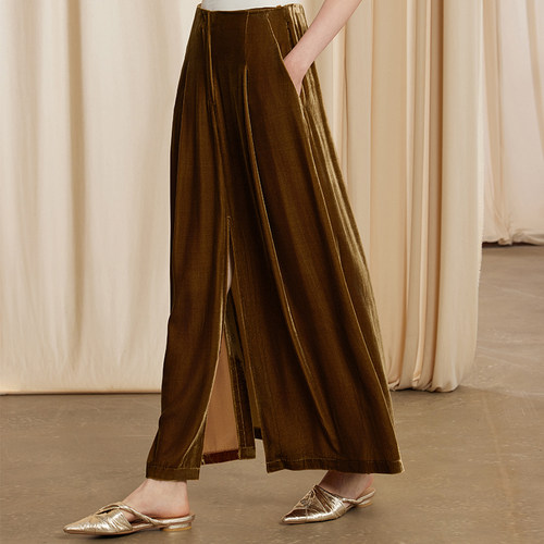 复古新中式开叉真丝丝绒半身裙