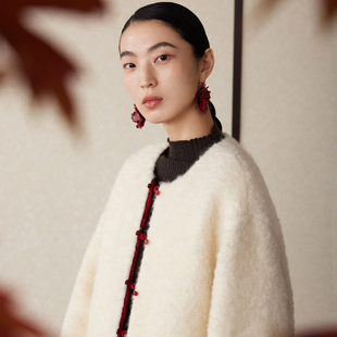 撞色夹棉外套 冬双面穿醋酸提花羊毛棉服女新中式 如意连云 瑞芝