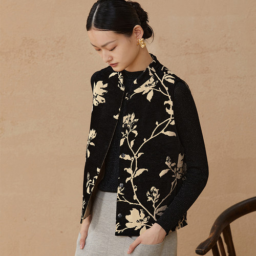 新中式国风立领玉石扣提花马甲