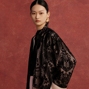 口上衣 国风翻袖 如意连云春秋新款 立领烧花丝绒短外套女复古新中式