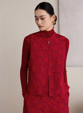 如意连云【喜棠】小立领提花红色马甲女新中式国风玉石扣订婚坎肩
