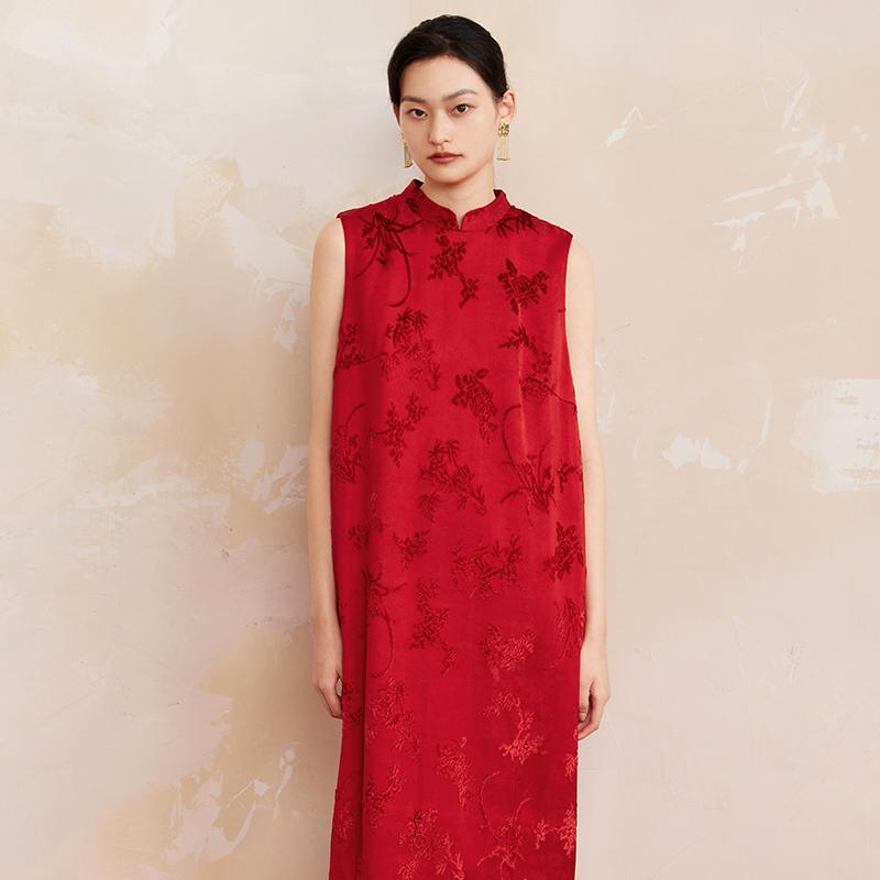 新中式国风提花割绒花苞连衣裙