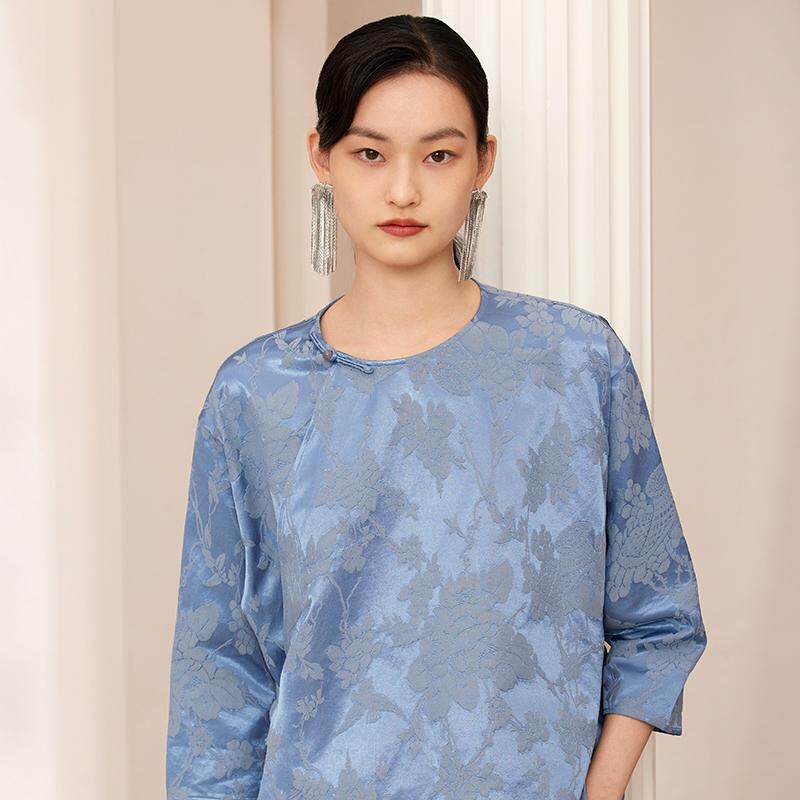 如意连云【苡茉】人丝暗纹提花衬衫女新中式国风斜襟玉石扣上衣