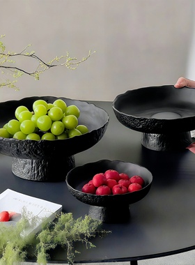 黑色简约水果盘新款高颜值蛋糕玻璃摆件客厅茶几家用轻奢高档茶点