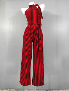 外贸单修身显瘦日常穿搭绑带条纹时尚新款气质御姐高挑连体裤多色