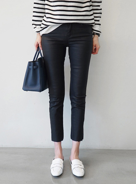 韩国2025新款涂层牛仔裤女 黑色毛边裤子 秋冬显瘦直筒九分裤皮裤