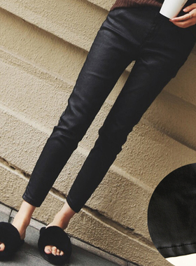 韩国秋冬季加绒涂层牛仔裤女 哑光皮裤黑色高腰小脚裤开叉九分裤