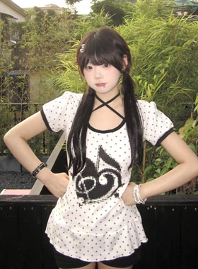 梨屋PEAR HOUSE原创设计音符波点印花T恤纯棉修身2025宅萌韩