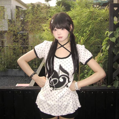 梨屋PEAR HOUSE原创设计音符波点印花T恤纯棉修身2025宅萌韩