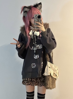 梨屋PEARHOUSE原创  亚文化y2k加绒卫衣外套宽松显瘦毛领帽子2024