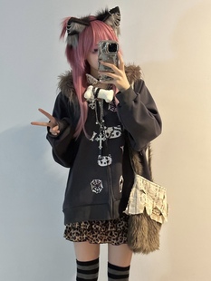 梨屋PEARHOUSE原创 亚文化y2k加绒卫衣外套宽松显瘦毛领帽子2024