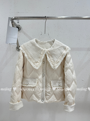 2025精品女装冬韩系甜美小香风拼接撞色娃娃领大翻领羽绒服短外套