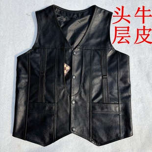 九云梦真皮马甲男头层羊皮背心修身多口袋中老年工装机车坎肩