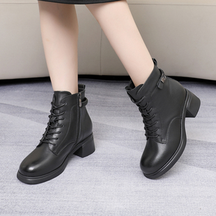 夏发真皮女鞋粗跟马丁靴2025冬季加绒保暖二棉鞋头层牛皮时装短靴