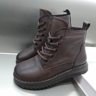 夏发真皮女鞋厚底短靴2025冬季加绒保暖二棉鞋头层牛皮平底马丁靴