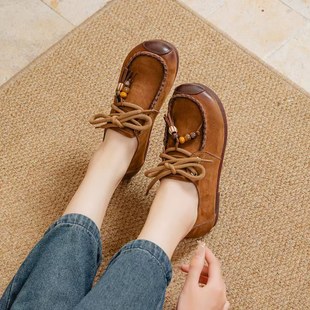 夏发真皮女鞋2025新款秋季牛筋底平底单鞋袋鼠鞋复古软底头层牛皮