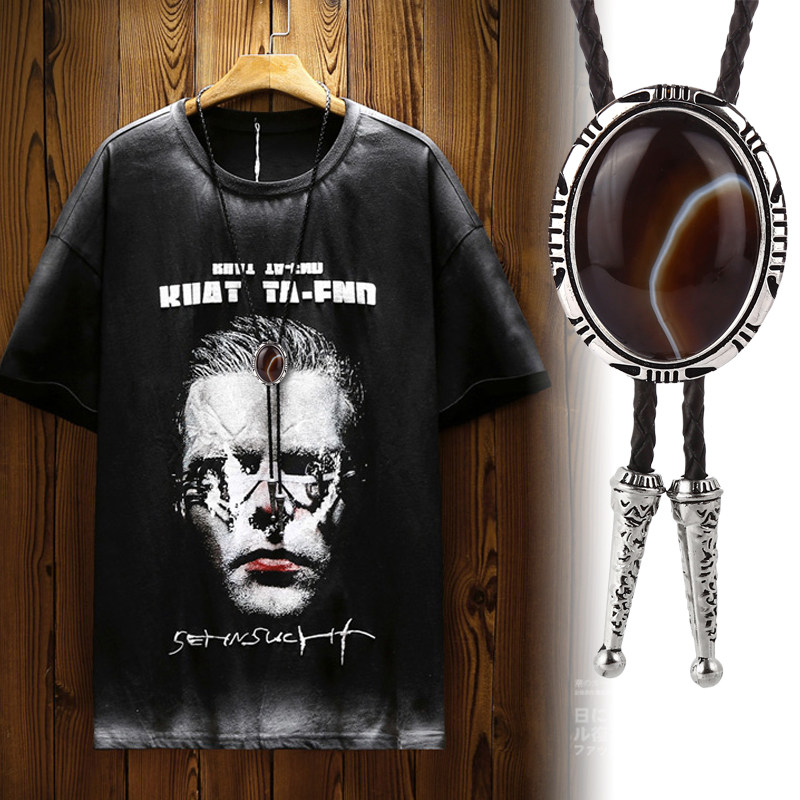 潮牌长款项链男女短袖配饰嘻哈韩版夏季原创设计镶嵌时光宝石吊坠