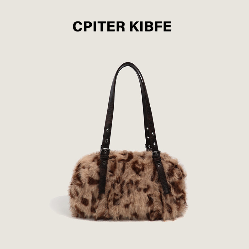 韩系毛茸茸豹纹包包新款时尚毛毛单肩腋下包枕头慵懒风通勤小包女