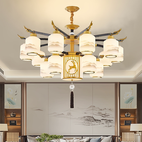 新中式吊灯客厅灯中国风饭店餐厅包厢禅意实木色朝下灯具2025新款