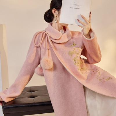 冬季国风刺绣温柔简约系带长款羊毛大衣+拼色马甲两件套女  NX007