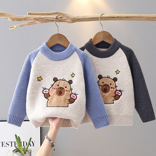 男童秋冬季毛衣针织衫2025新款加厚加绒洋气宝宝拼色儿童打底衫