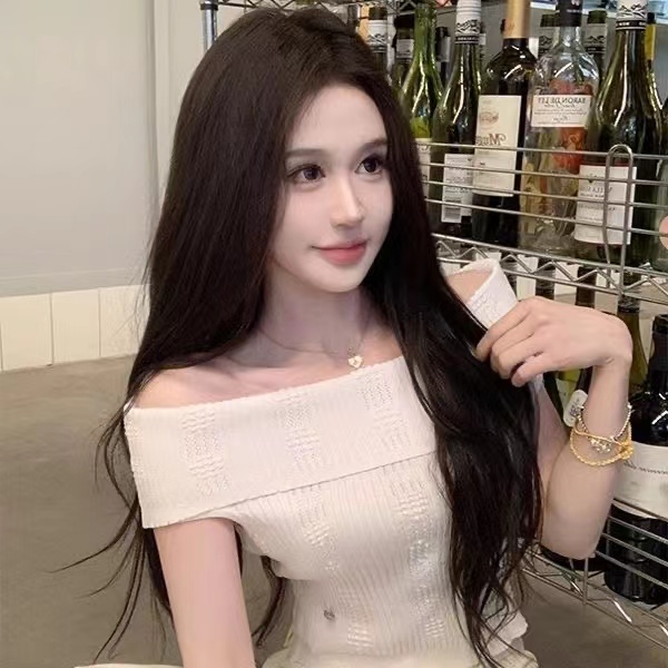 纯色一字肩镂空针织短袖T恤女夏季修身露肩短款独特漂亮掐腰上衣