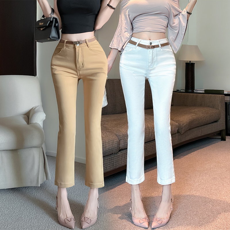 性感卡其色时尚显瘦牛仔九分裤女小个子百搭修身微喇烟管裤女