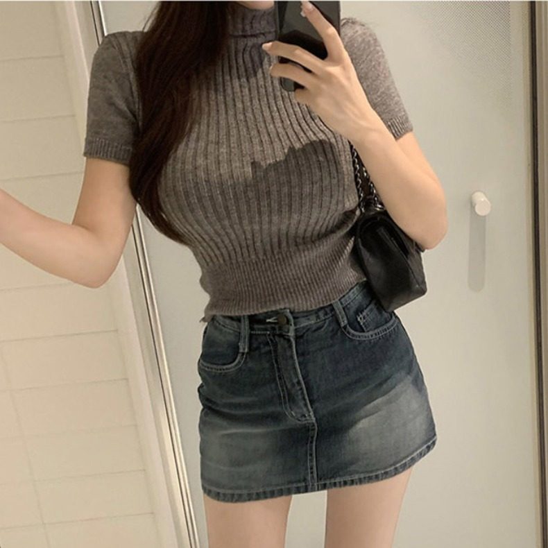 韩国东大门时尚舒适新品潮流女装高领纯色百搭套头短袖针织衫